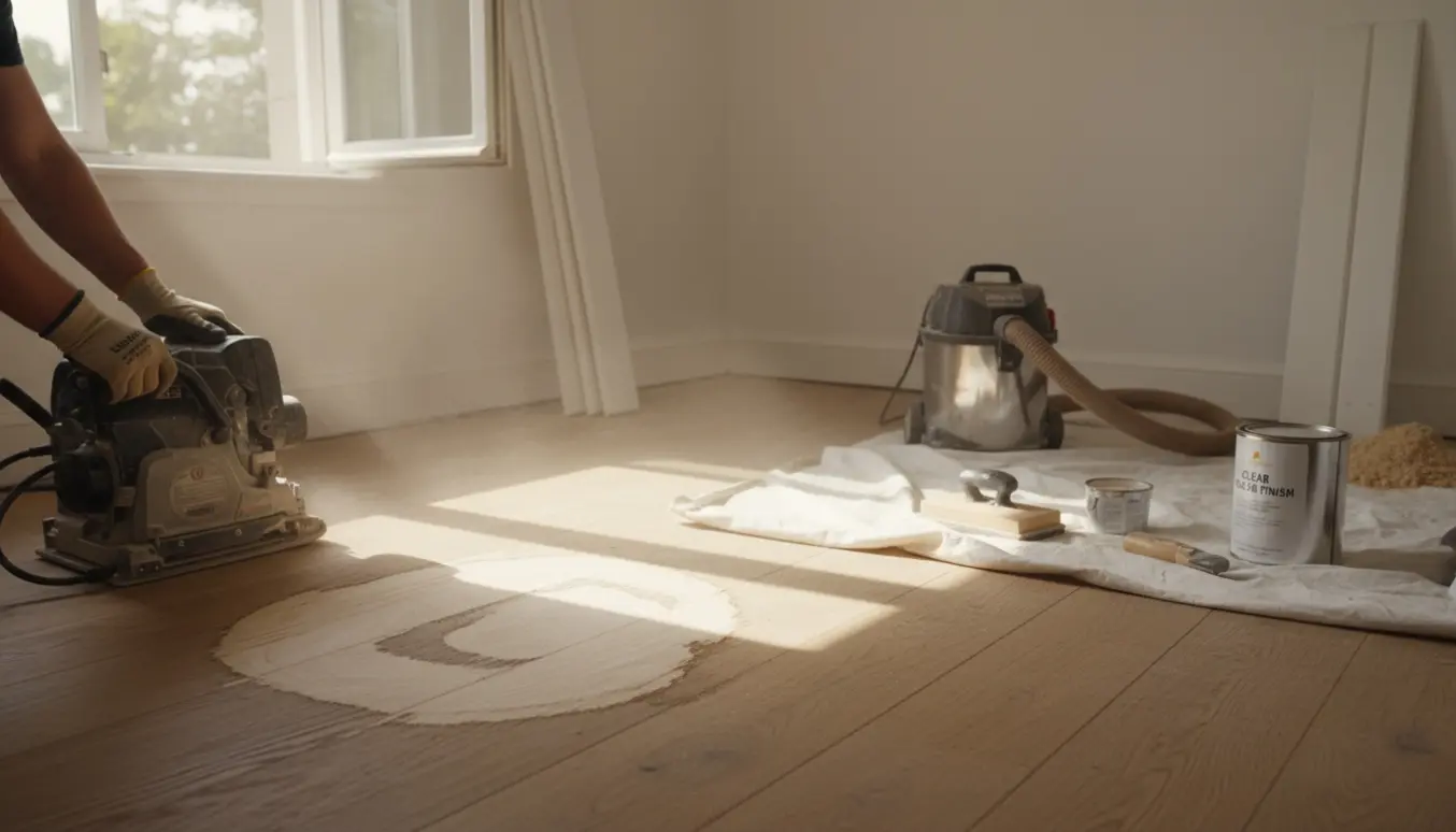 Et lille værelse under gulvslibning, med slibemaskiner og synlig vandskade på trægulvet.