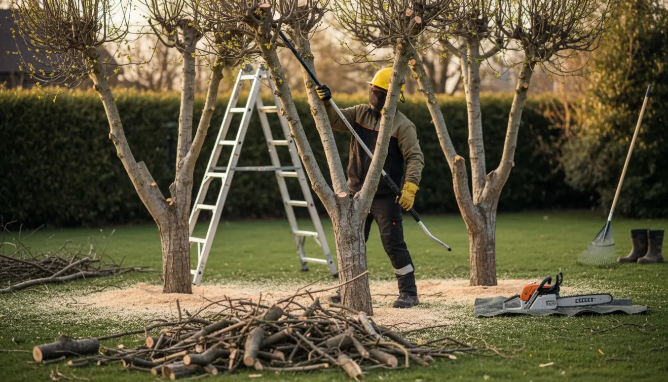 Professionel beskærer fjerner grene fra tre træer og en busk i en have med stige, motorsav og bunke af afsavede grene.