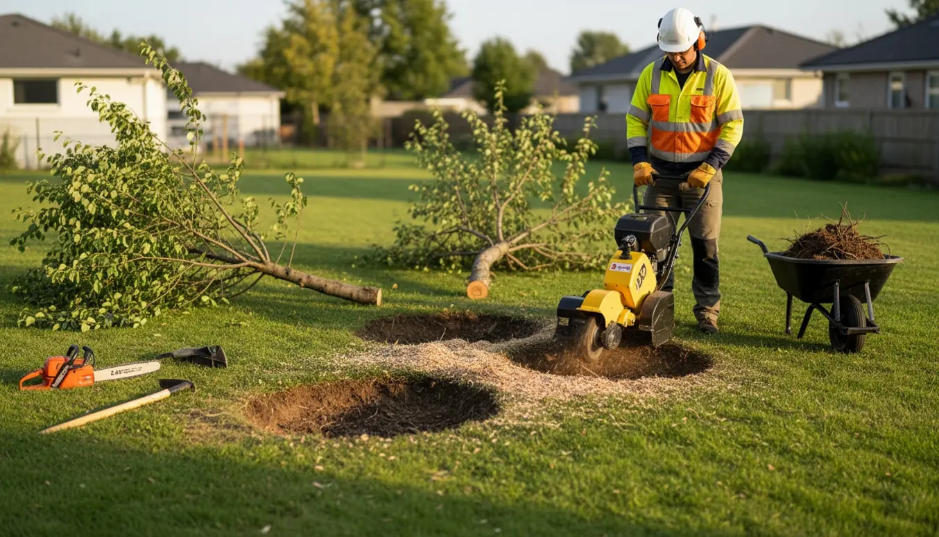 To fældede træer i en have med stubbe fræset tæt under jordoverfladen, værktøj og en arbejder uden synligt ansigt.