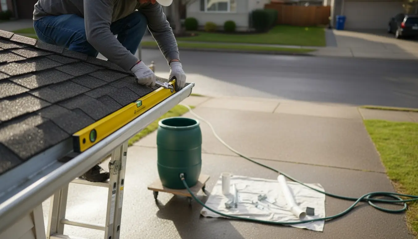 En håndværker på en stige justerer en tagrende mens en regntønde og en havehaveslange er klar på indkørslen.