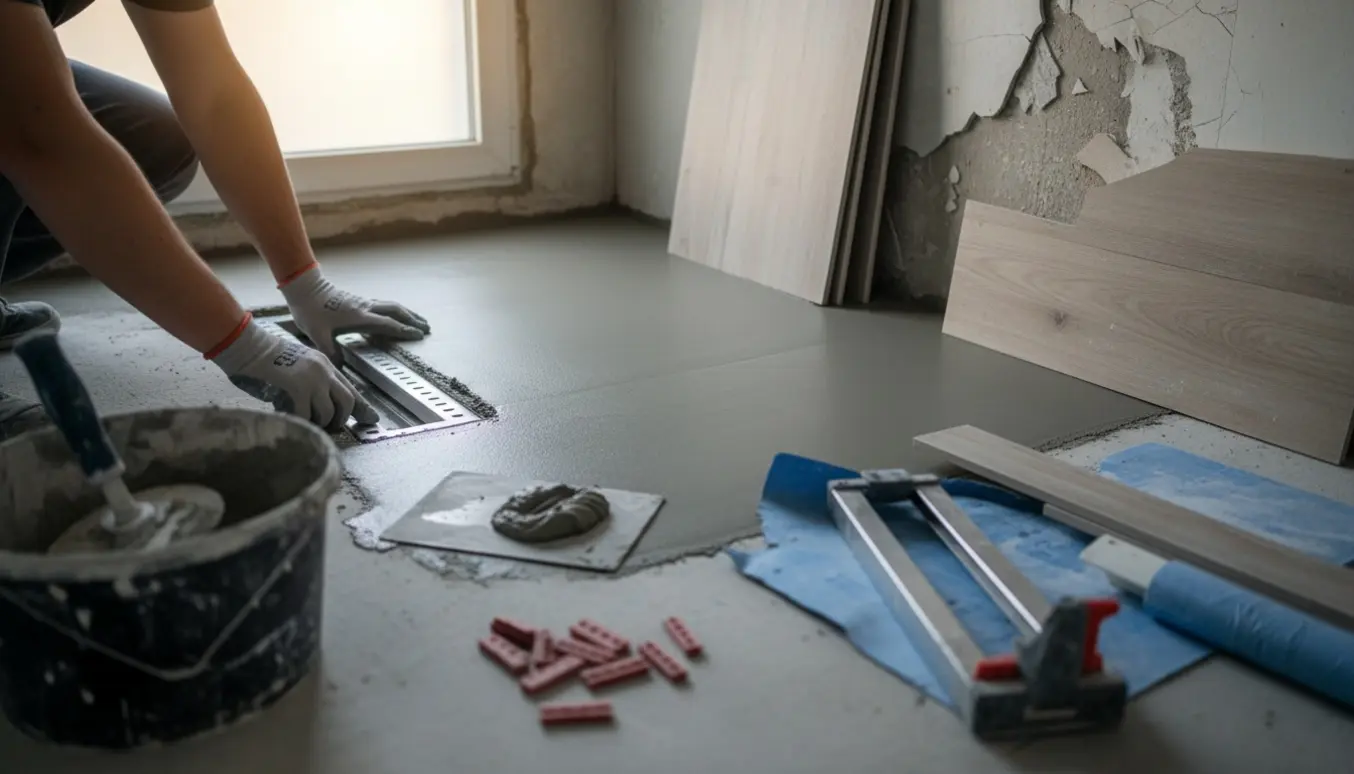 Hænder installerer linjeafløb og udglatter microcement i et baderum under renovering.