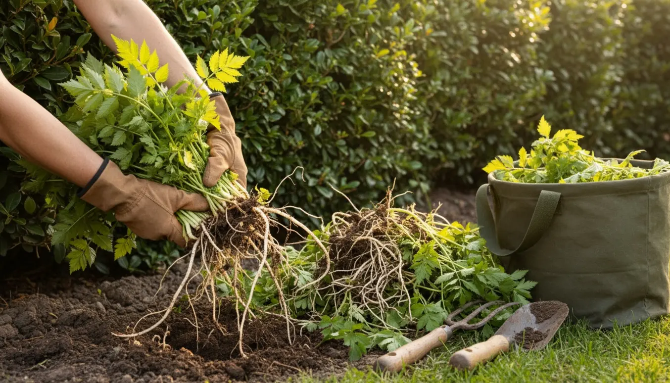 Hænder fjerner skvalderkål fra et bed under en hæk.
