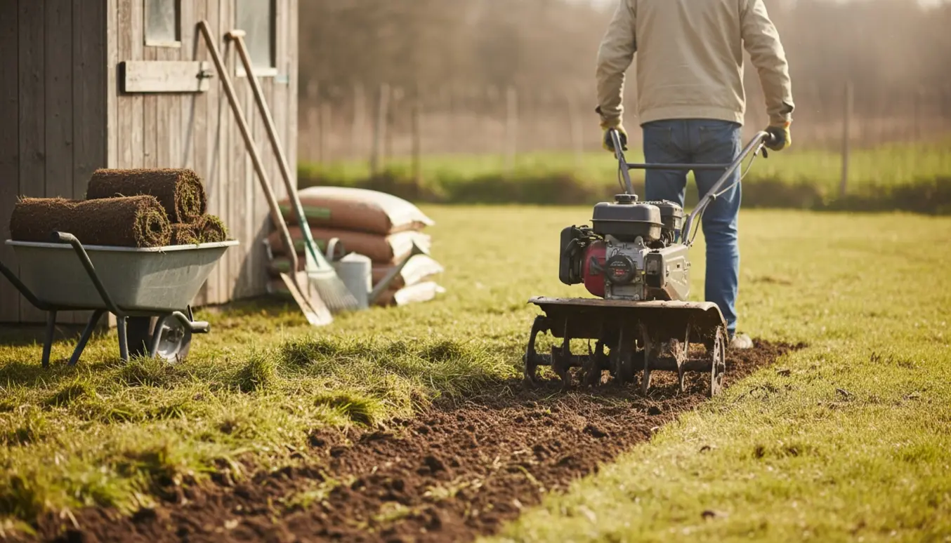 Havearbejder fræser en gammel græsplæne, hvor maskinen vender græsset og blottet jord.
