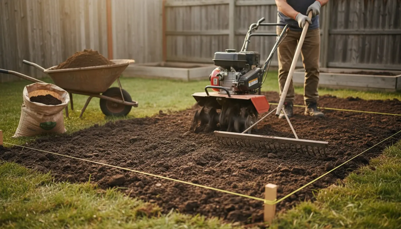 Havejord bliver fræset og afrettet i en baghave med jordfræser, rive og trillebør.