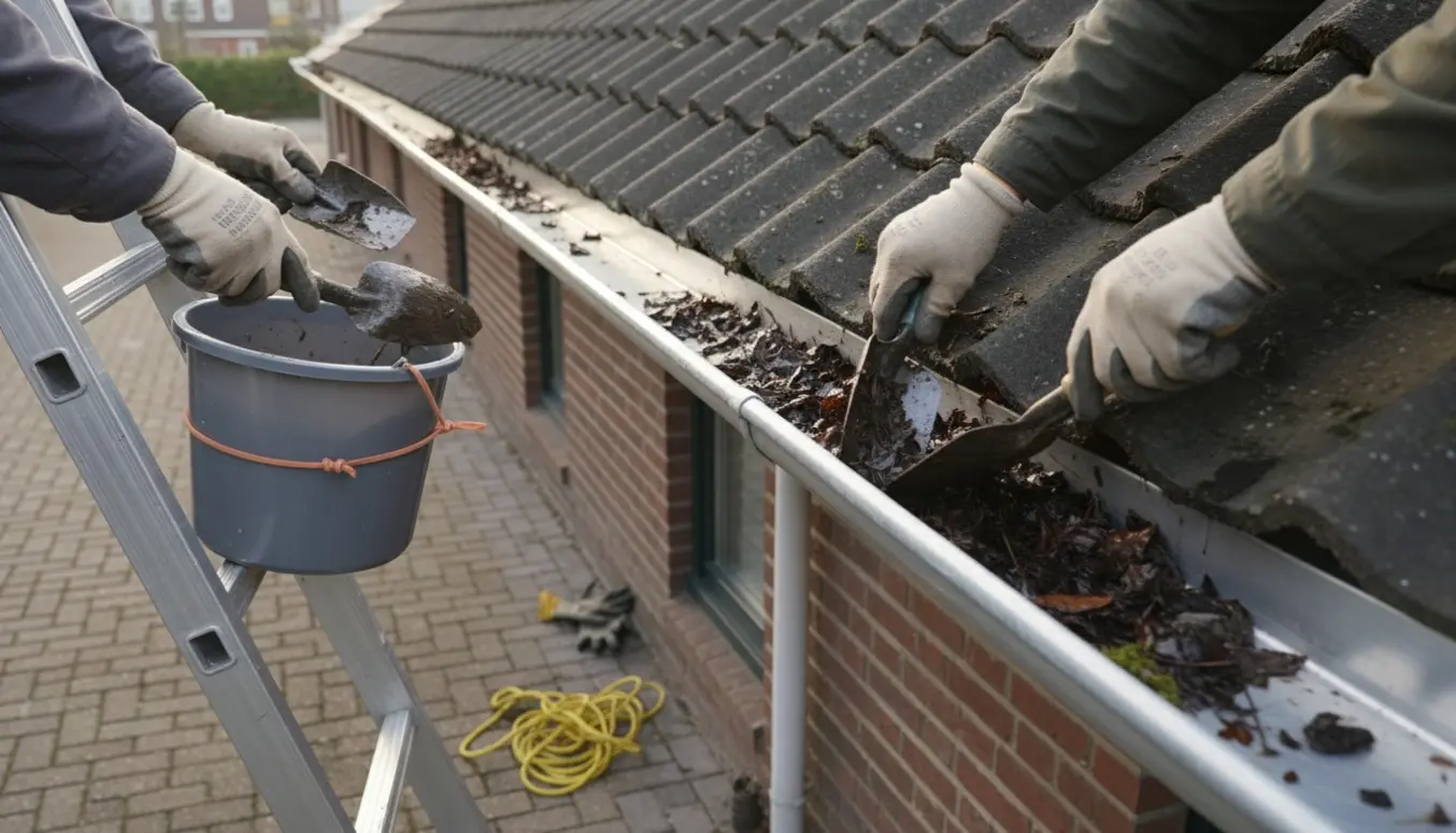 Hænder i handsker på en stige fjerner blade og mos fra en tagrende ved et rækkehus.