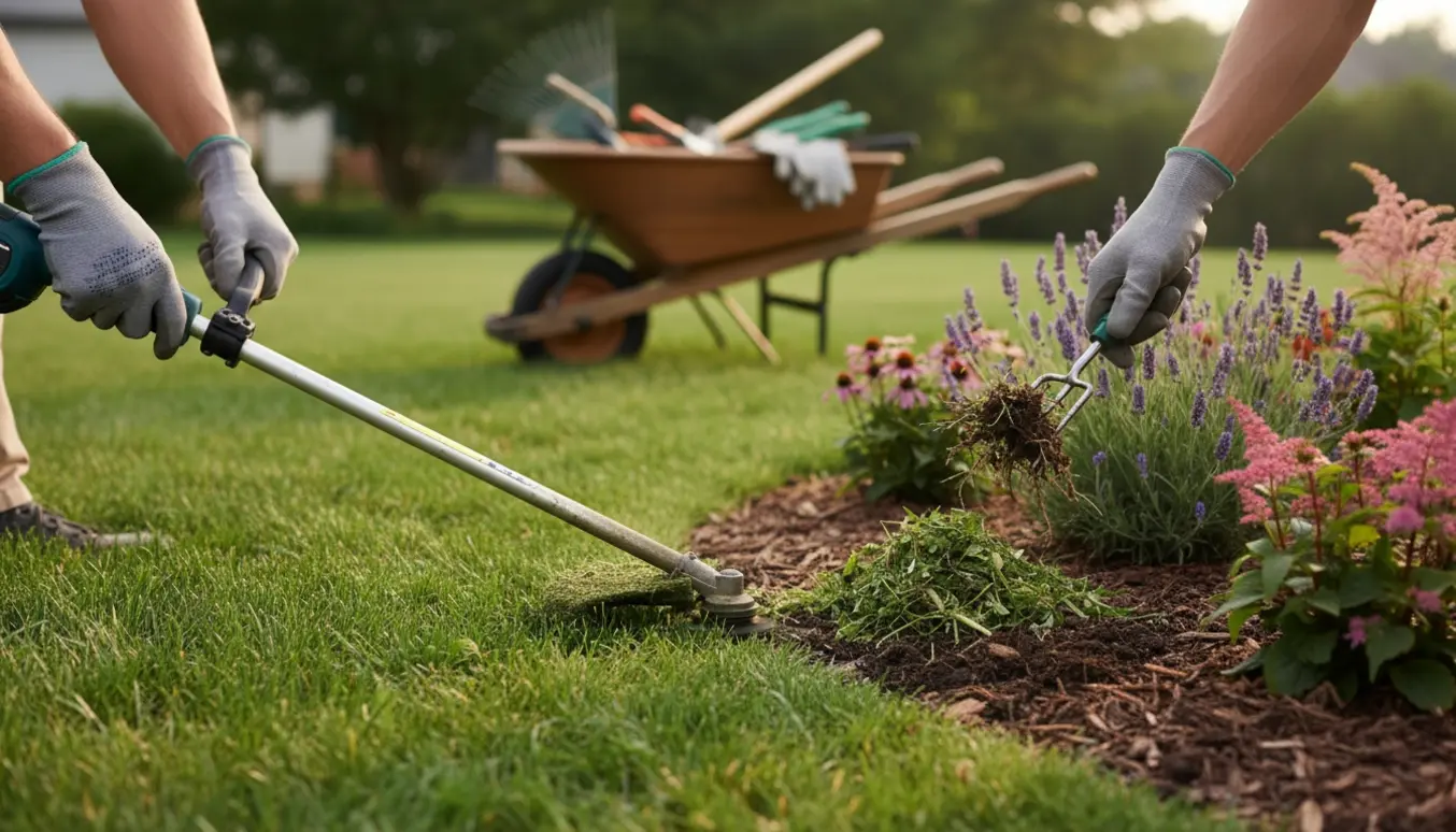 Hænder trimmer græskanten og luger ukrudt langs et blomsterbed på en solrig dag.