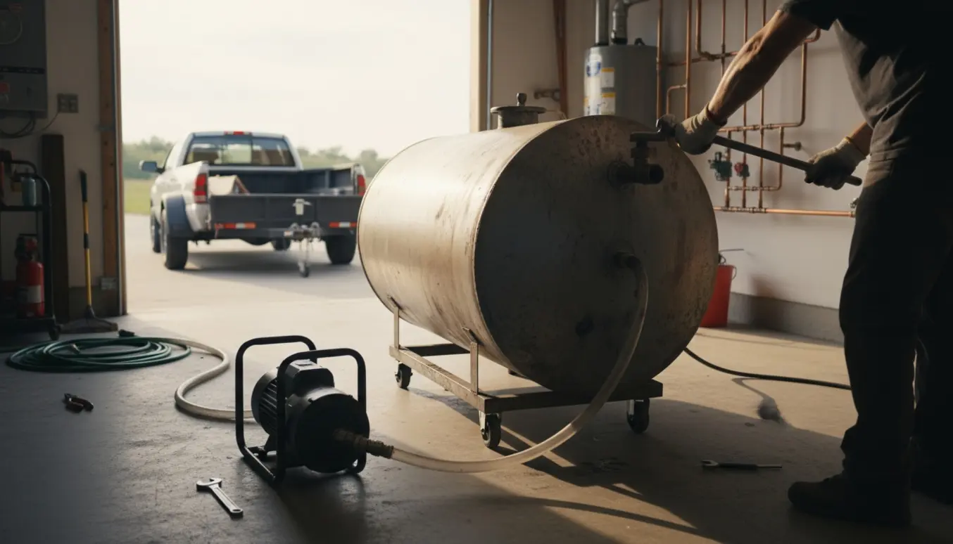 Tekniker frakobler en tømt olietank i en garage klar til at blive ført til skrot.