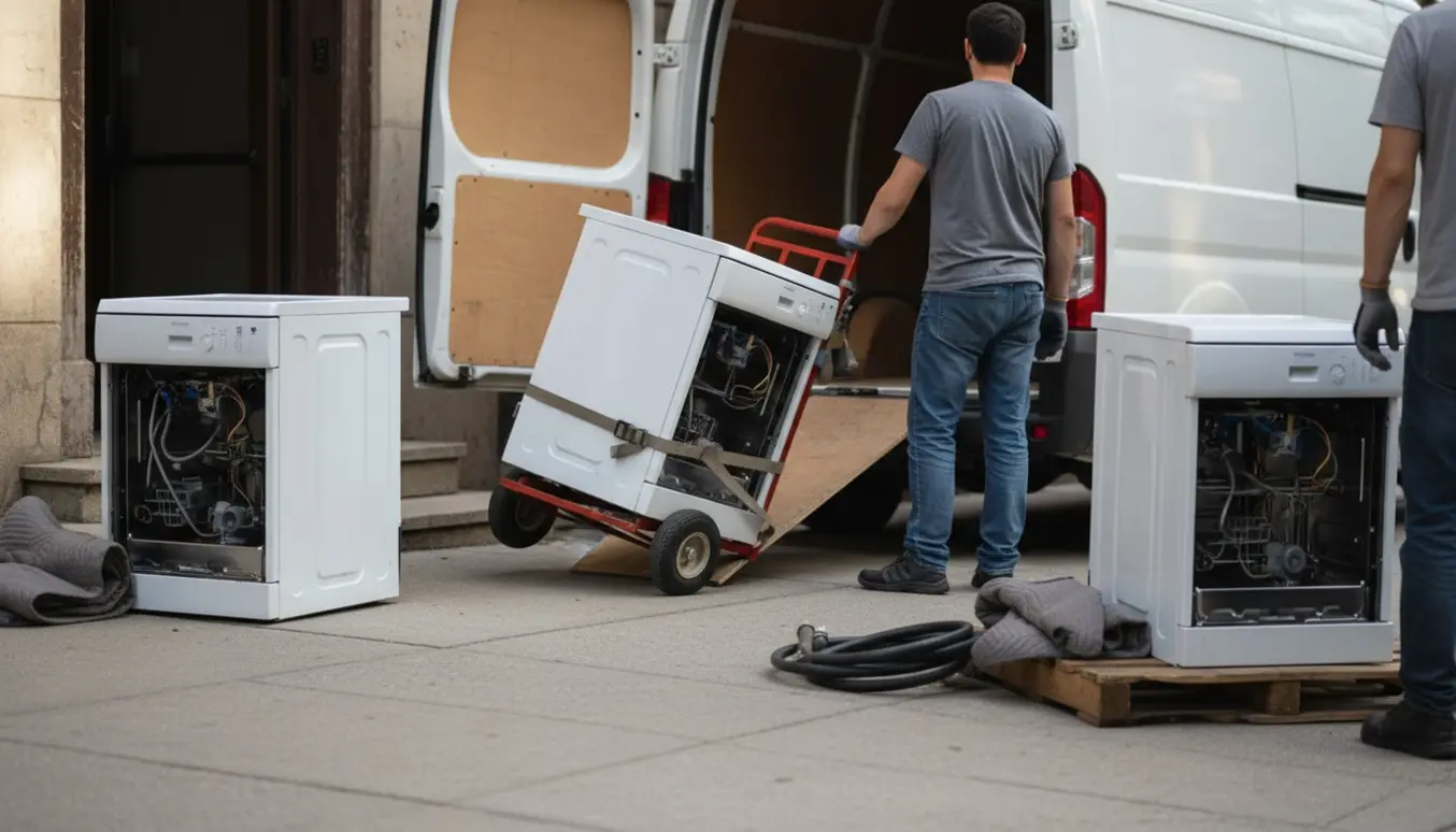 To defekte opvaskemaskiner på gadeplan ved en åben varevogn, mens flyttere læsser dem ind.