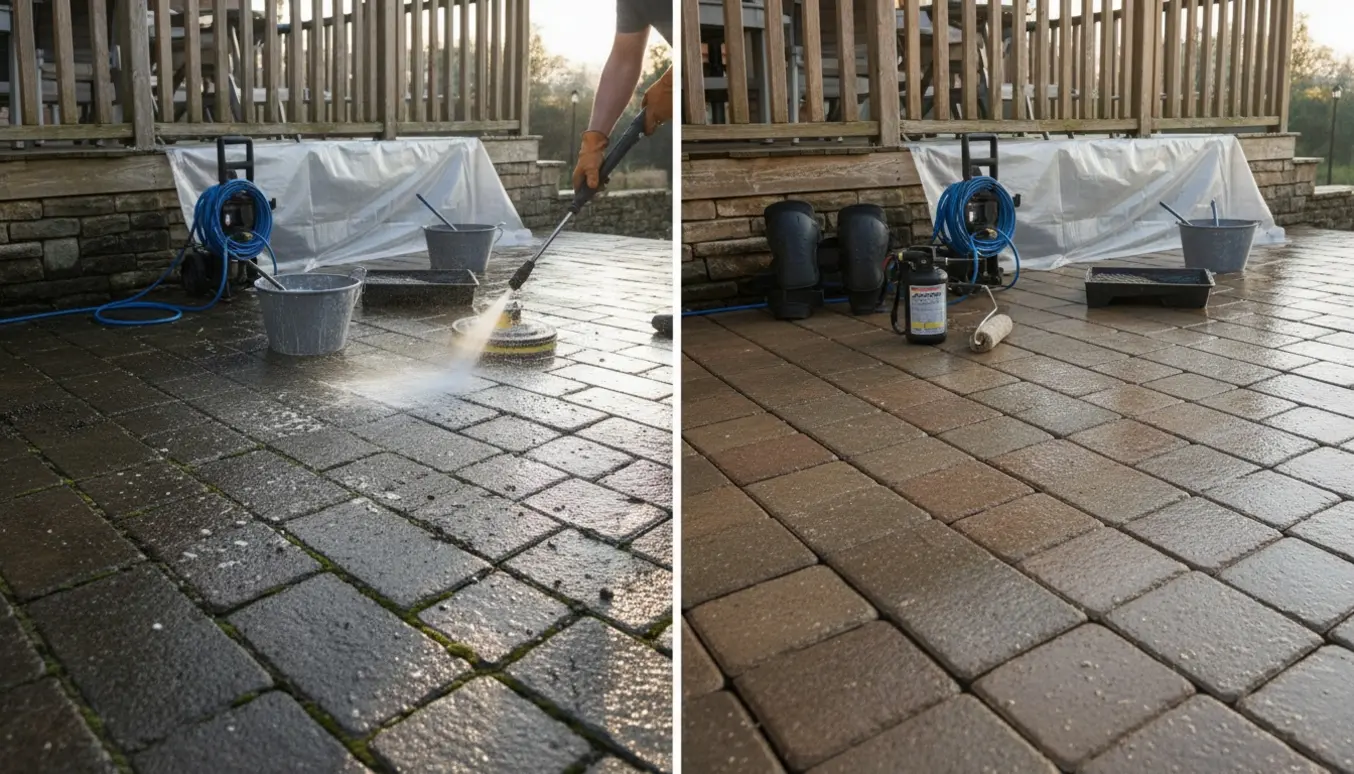 Professionel rensning og imprægnering af terrassefliser med tydelig før-og-efter-kontrast.