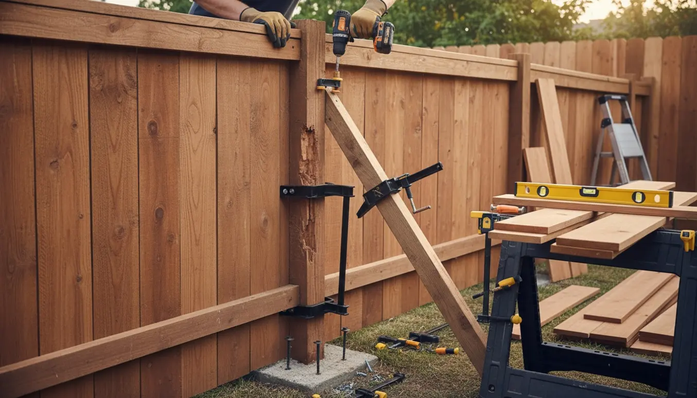 Hænder monterer topbræt på et træhegn, mens en knækket stolpe stabiliseres ved betonfoden.