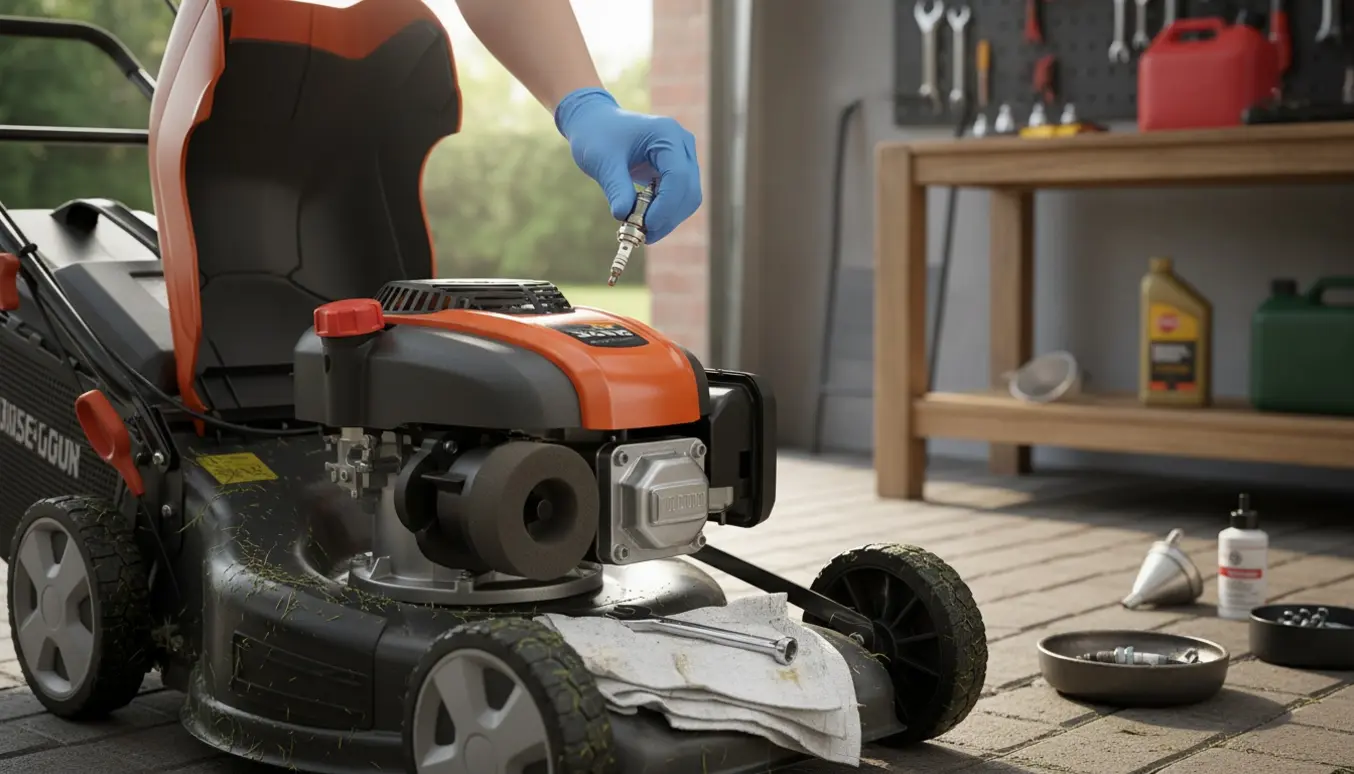 Nærbillede af benzingræsslåmaskine med åben motor og værktøj til service, hænder arbejder uden synlige ansigter.
