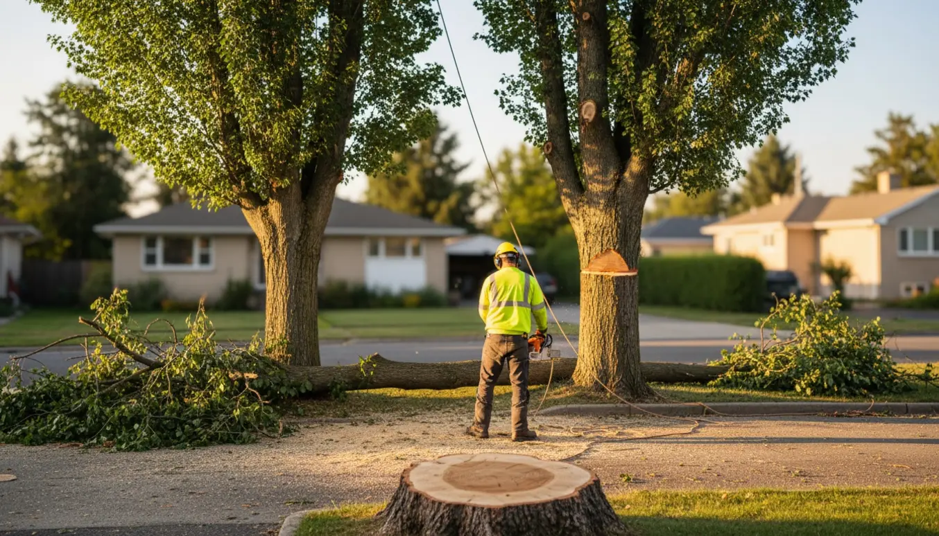 To træer fældes langs en indkørsel med savsmuld og en håndværker set bagfra uden synligt ansigt.