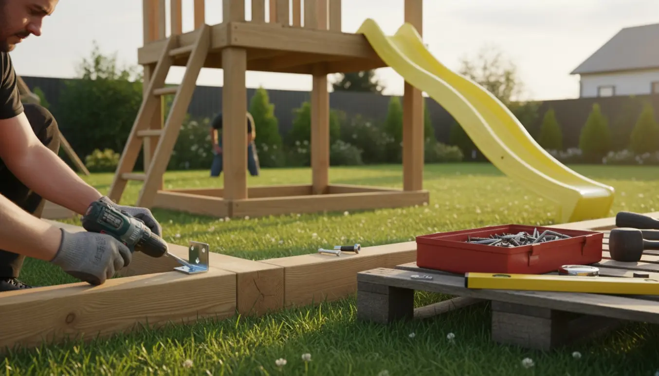 Delvist samlet træ-legetårn i haven med værktøj og hænder, der monterer metalbeslag.