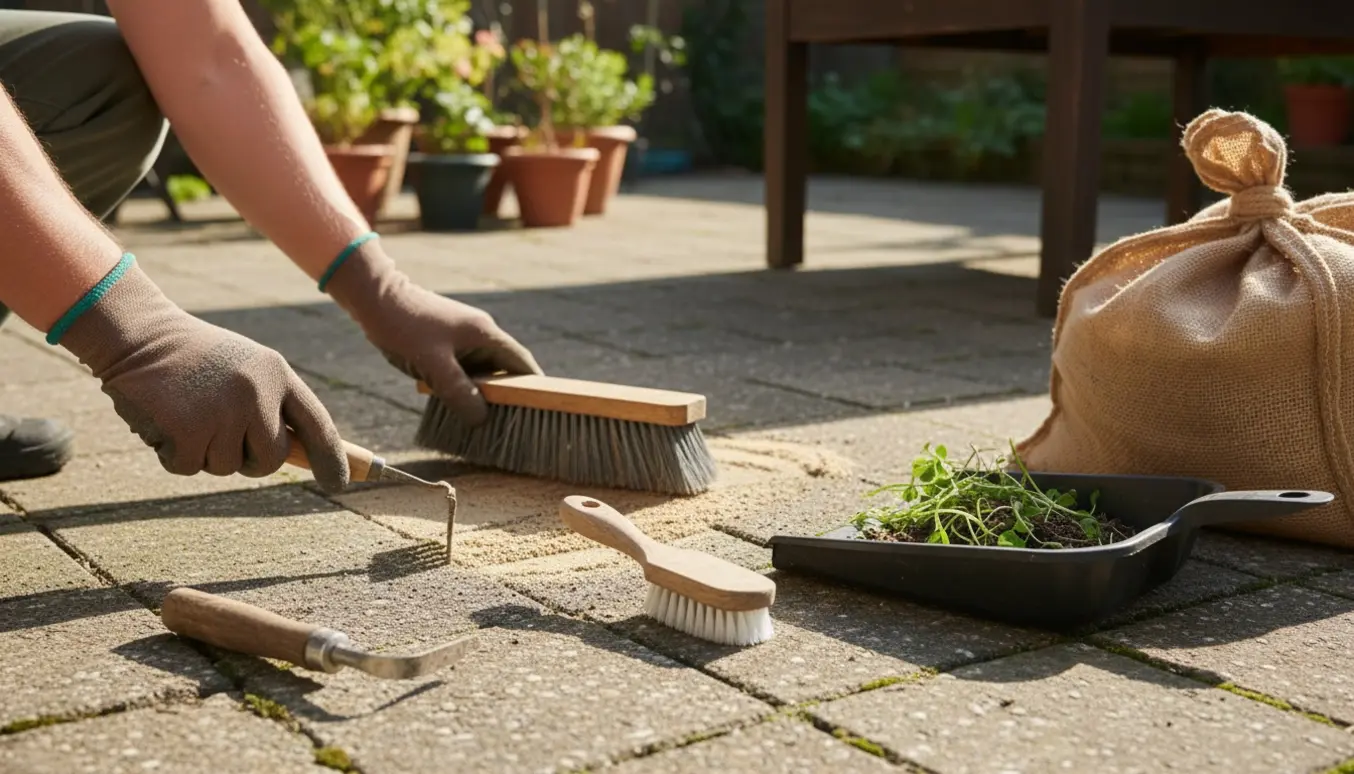 Hænder fjerner ukrudt fra terrassefliser og fejer sand ned i fugerne.
