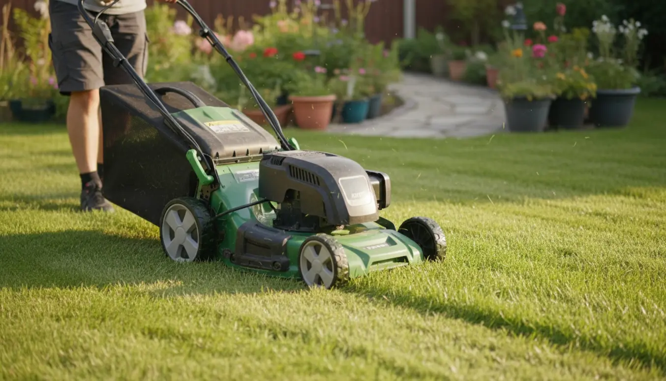 Plæneklipper med opsamlingspose fylder sig med nyslået græs ved siden af ca. 10 cm højt udkut.
