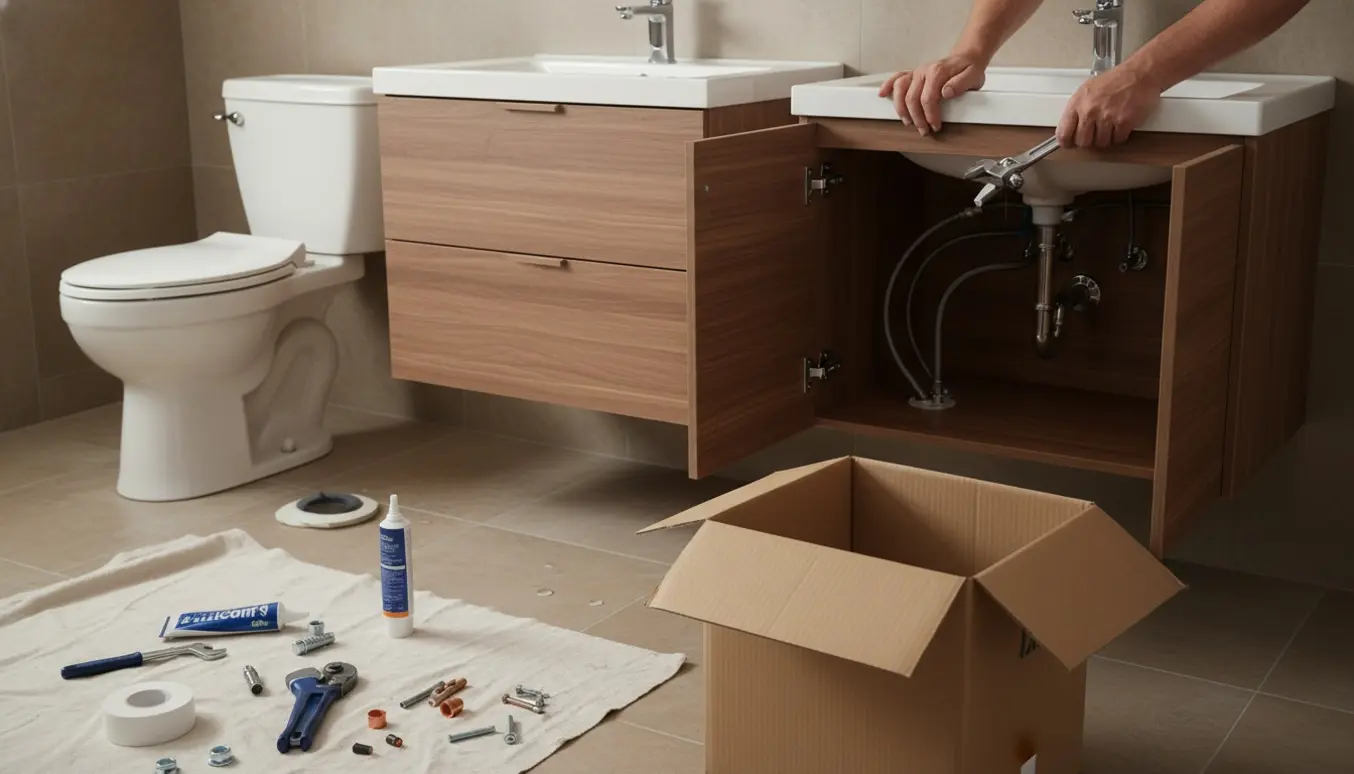 Håndværker udskifter to gulvtoiletter og to håndvaske med underskabe i et lyst badeværelse.