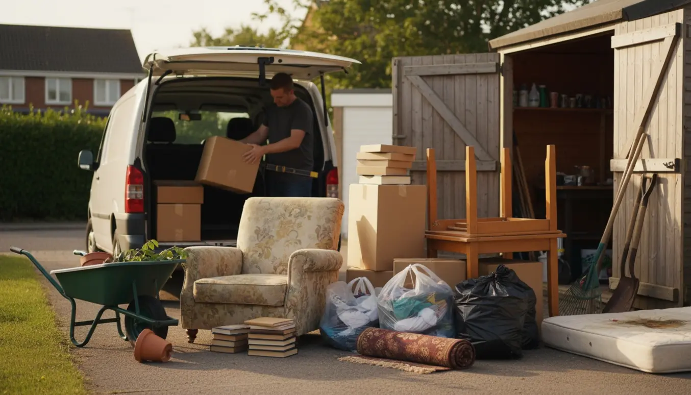 Varevogn lastes med møbler, poser med tøj, bøger og haveaffald ved en åben redskabsskur.