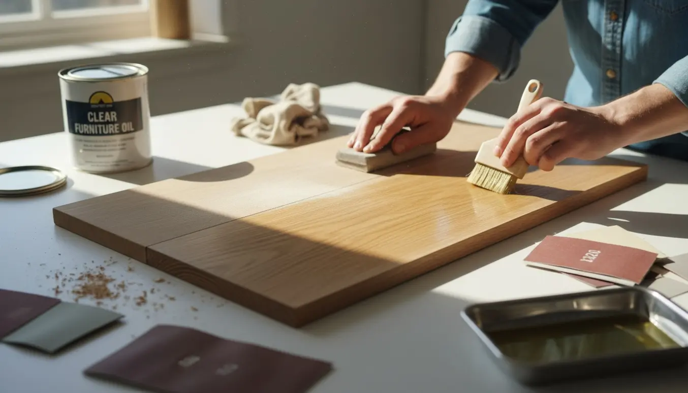Tæt foto af hænder, der sliber og olierer en træbordplade med sandpapir og olierklud.
