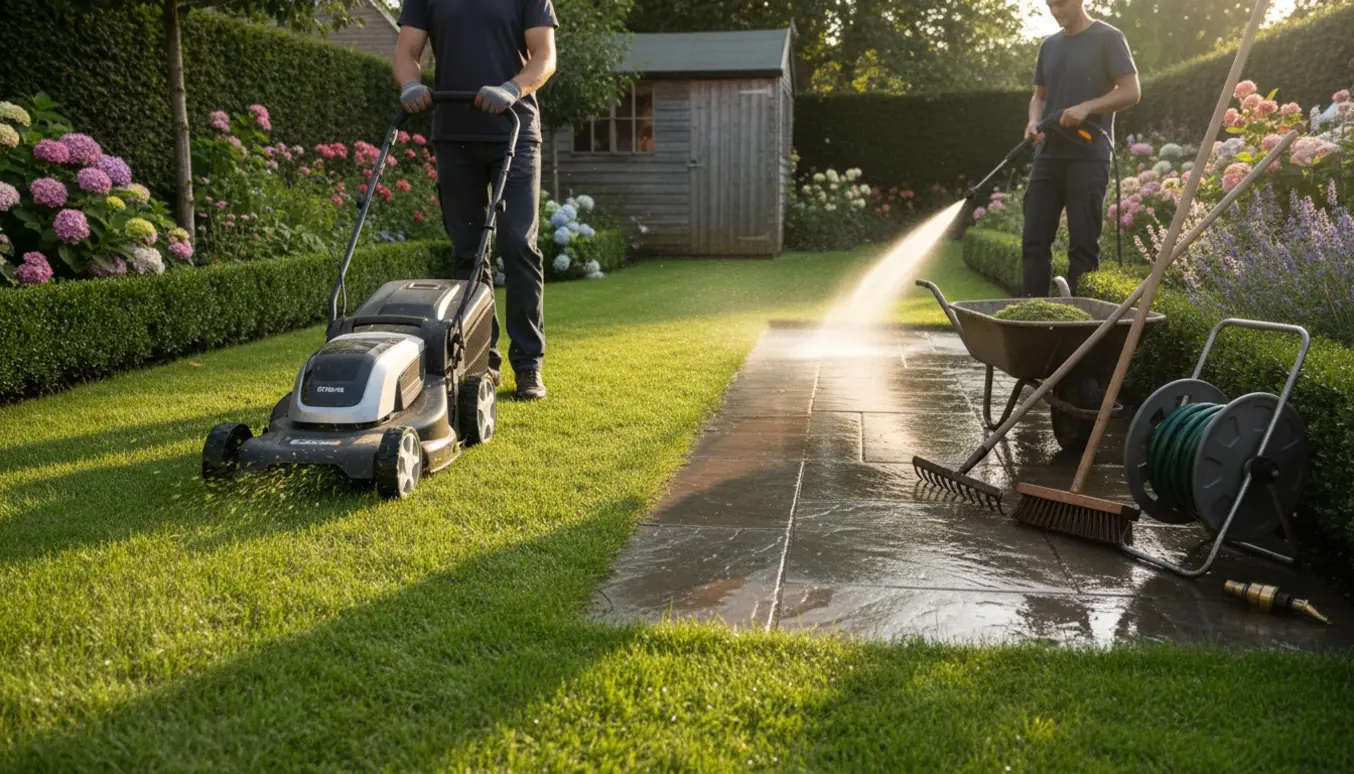 Havemand set bagfra slår græs og renser fliser i en velplejet have i blødt morgenlys.