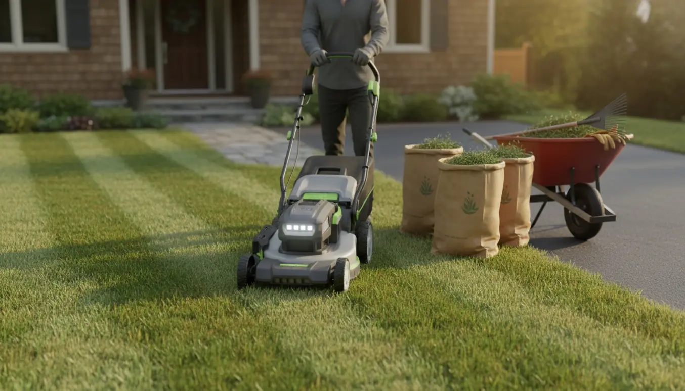 Nyligt slået græs rundt om et hus med en plæneklipper i forgrunden og fyldte haveaffaldssække på indkørslen klar til afhentning.