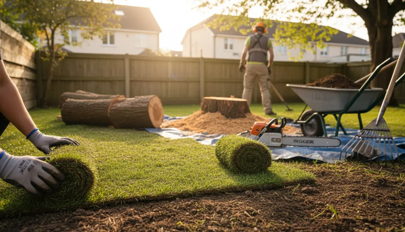 Fældede træstammer og frisk rullegræs klar til udlægning i en lille baghave.
