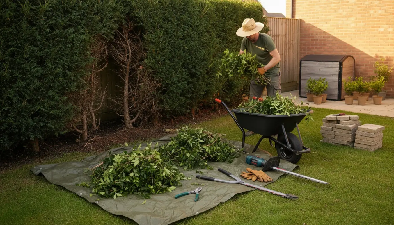 Forhave under hækfjernelse med beskæringsværktøj, bunker af grene og en person set bagfra.