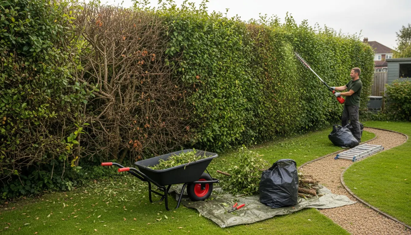 En person klipper en omkring to meter høj liguster- og tjørnehæk, mens afklippede grene samles i trillebør og affaldssække.