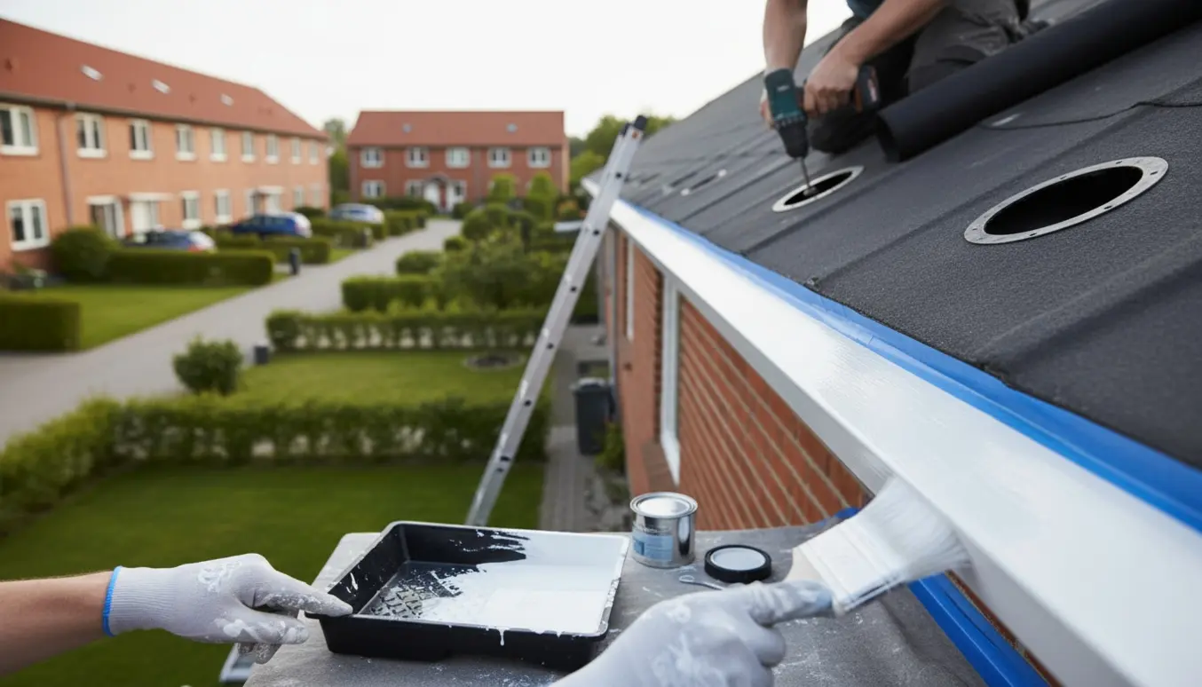 Nærbillede af hænder, der maler træværk på et rækkehus, mens en hånd på en stige monterer ventilationshul i undertaget.