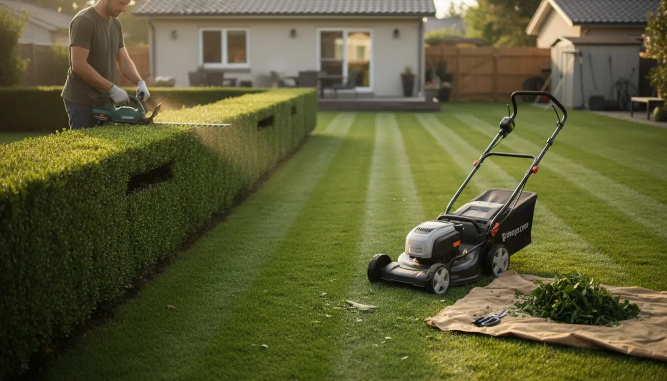 Nyklippet græsplæne og en nysnoet hæk i en forstadshave med plæneklipper og hækkeklipper i forgrunden.