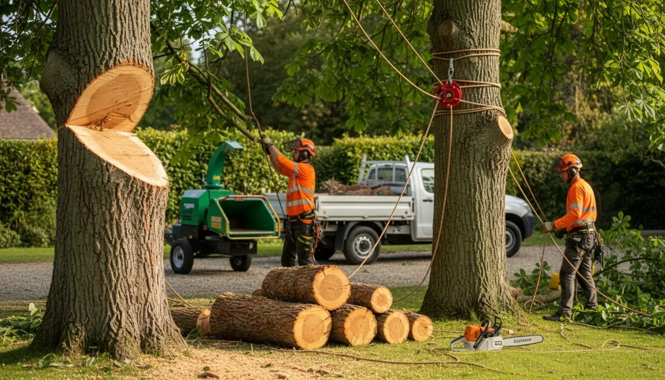To kastanjetræer fældes i en have med skårne stammer, savsmuld og arborister i sikkerhedsudstyr.