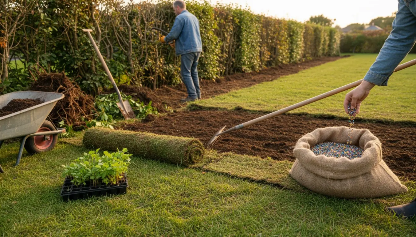 Bagfra set have med fjernet hæk og jord ryddet og tilsået med vilde blomster.