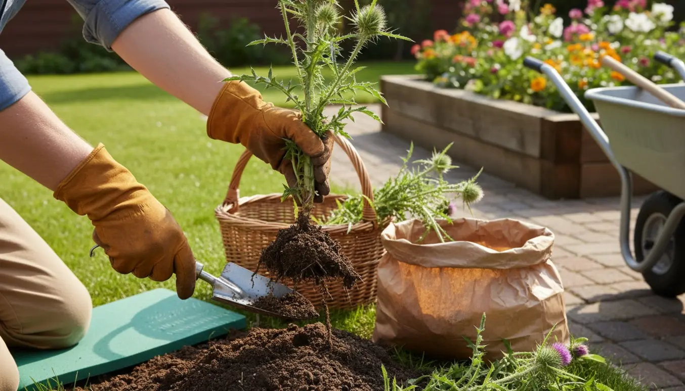 Nærbillede af hænder i havehandsker, der fjerner ukrudt og tidsler fra en bed med en kurv til de udkoblede planter.