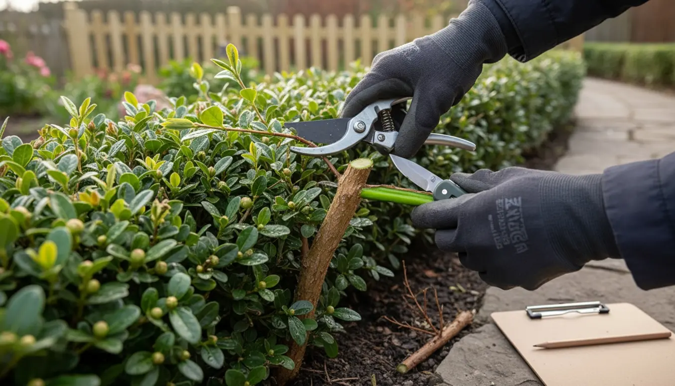 Nærbillede af handskerede hænder, der undersøger en beskåren hækgren med grøn indre bark for at vurdere om hækken er i live.