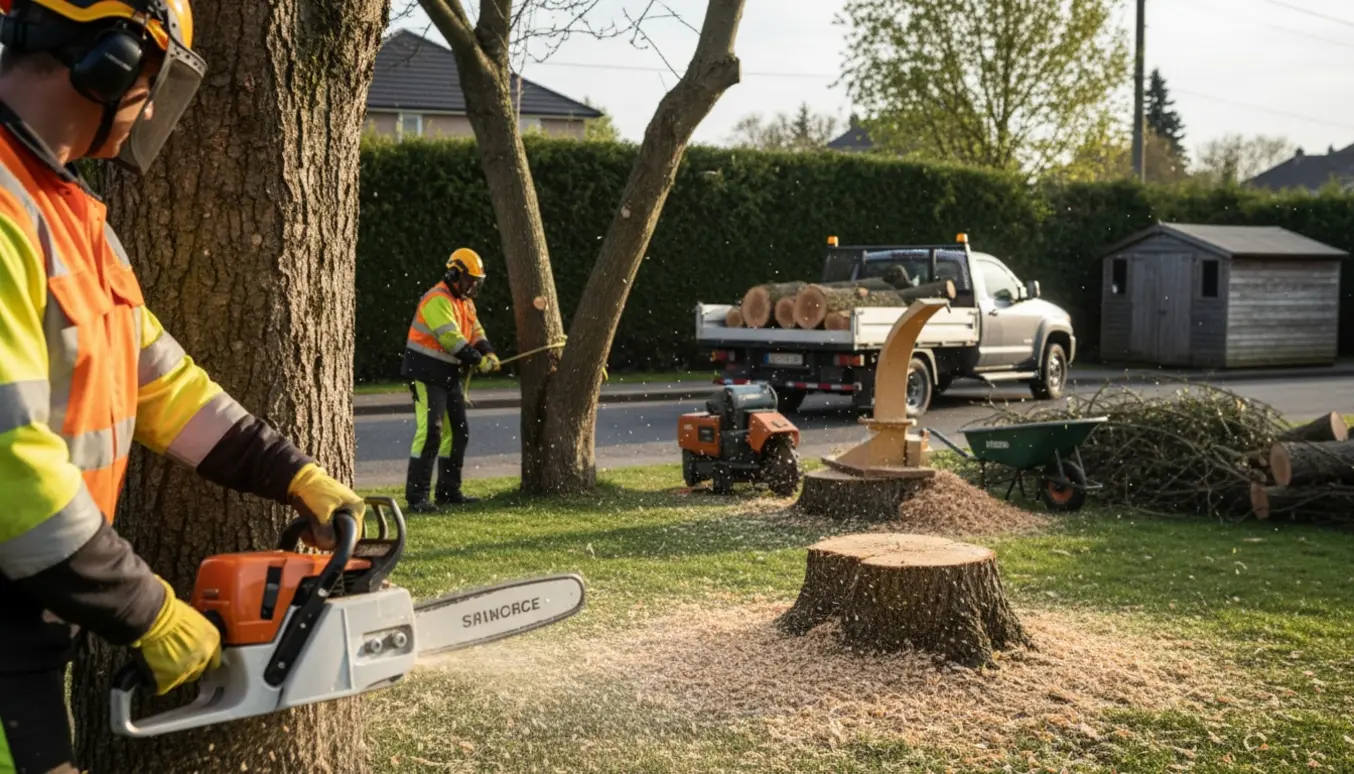 To træer fældes og stubbene fjernes i en villahave med motorsav, flishugger og trailer klar til bortkørsel.