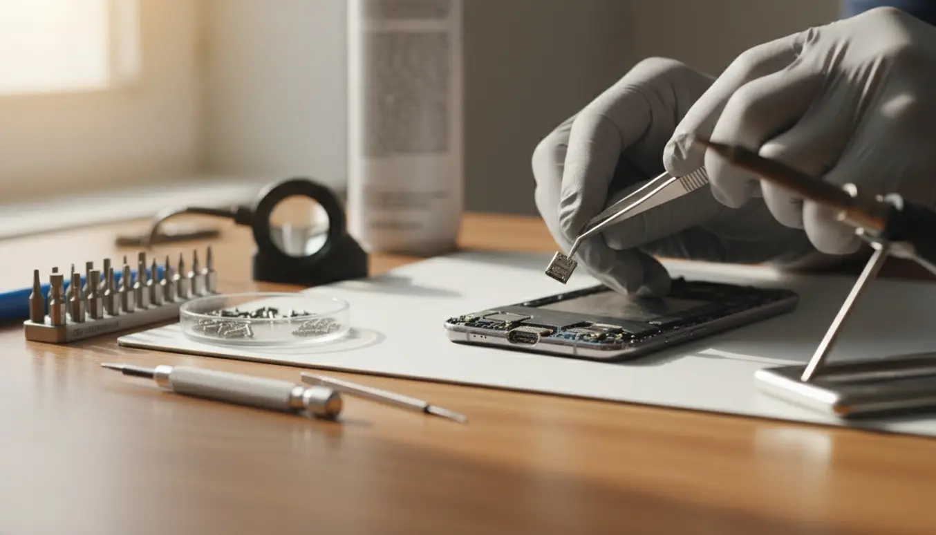 En tekniker reparerer USB-C ladeporten på en Samsung S22 på et ryddeligt værkstedbord.