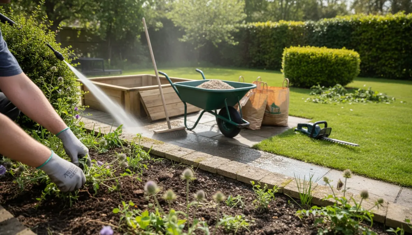 Arbejdshandsker og haveværktøj ved en terrasse med rensede fliser, trillebør med sand og afmonteret sandkasse klar til bortkørsel.