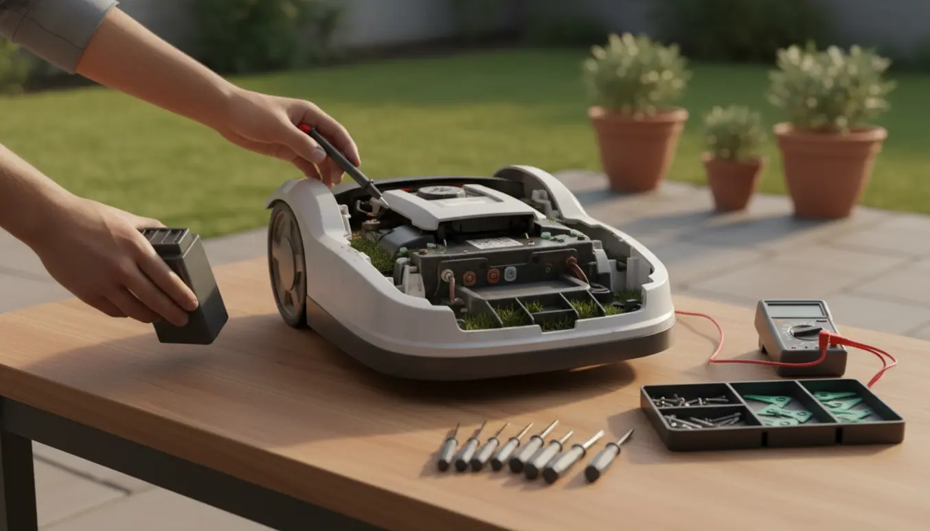 Nærbillede af en åben robotplæneklipper med batteri og værktøj på et arbejdsbord i en baghave.