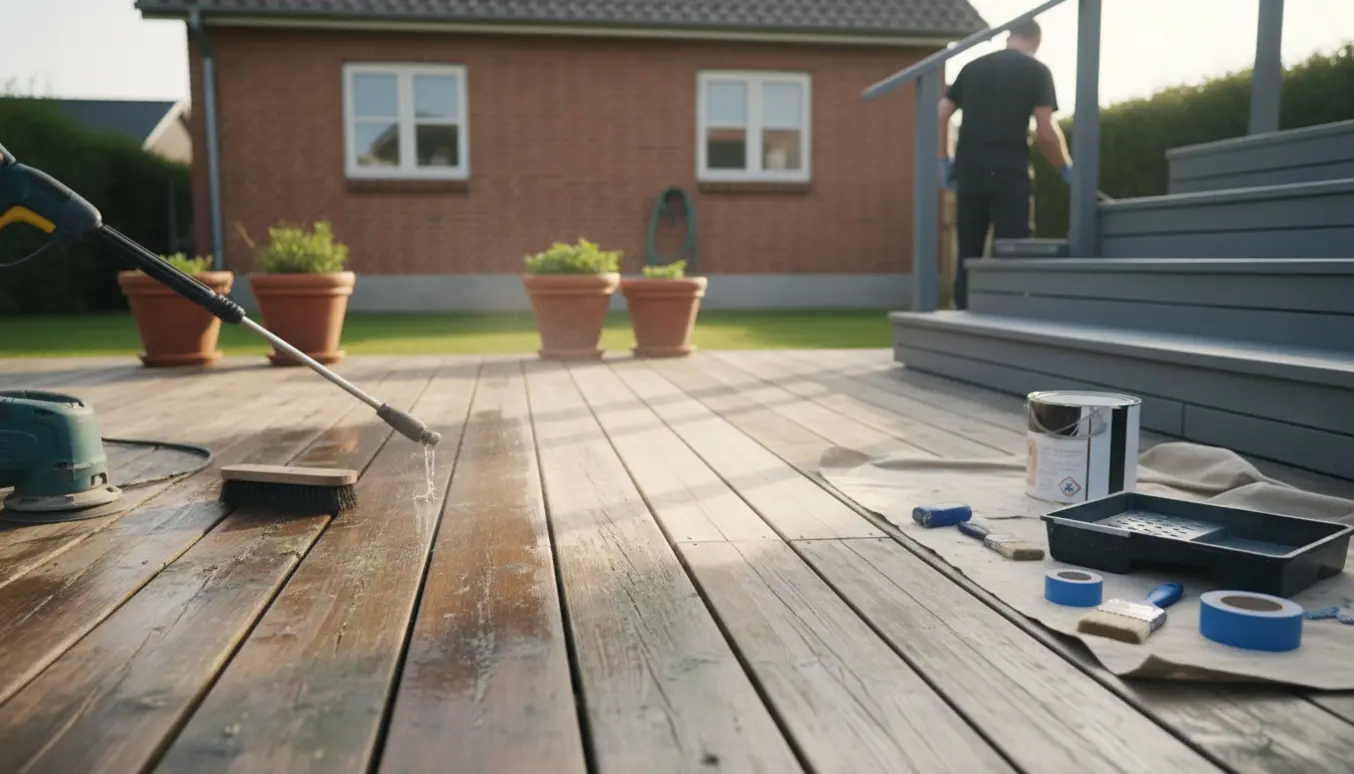Terrasse under rengøring, let slibning og maling af trappe og gelænder.