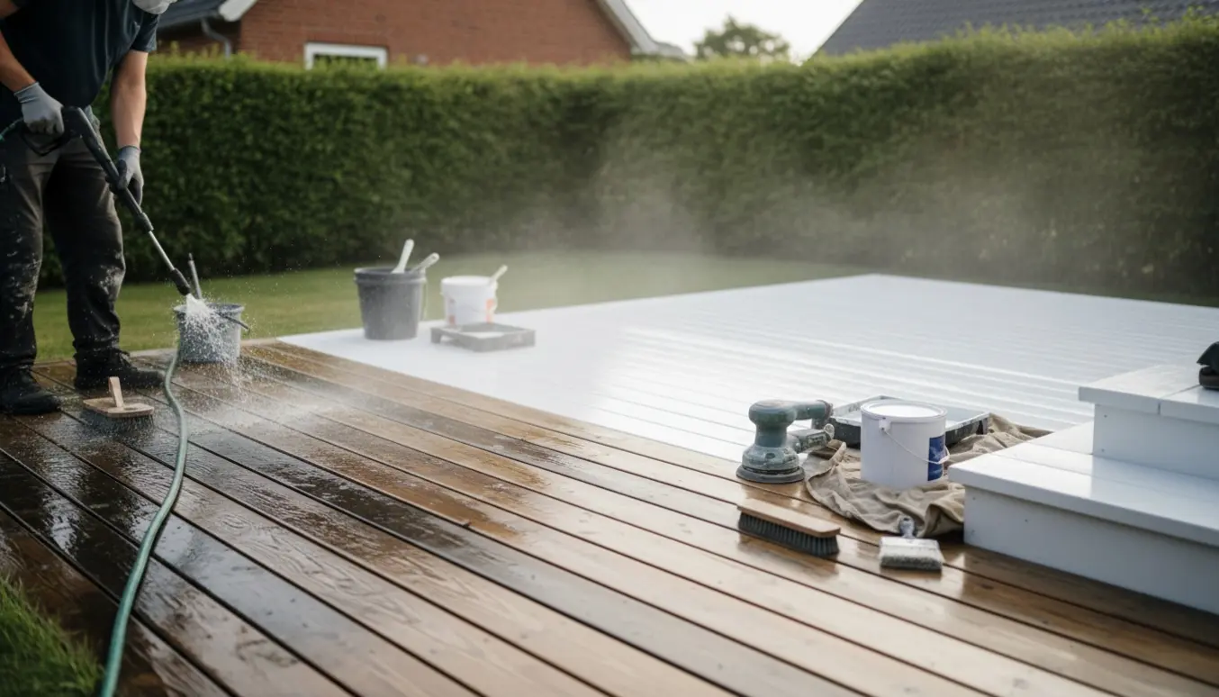 Træterrasse under rensning, slibning og maling med slibemaskine, pensel og nymalede hvide brædder.