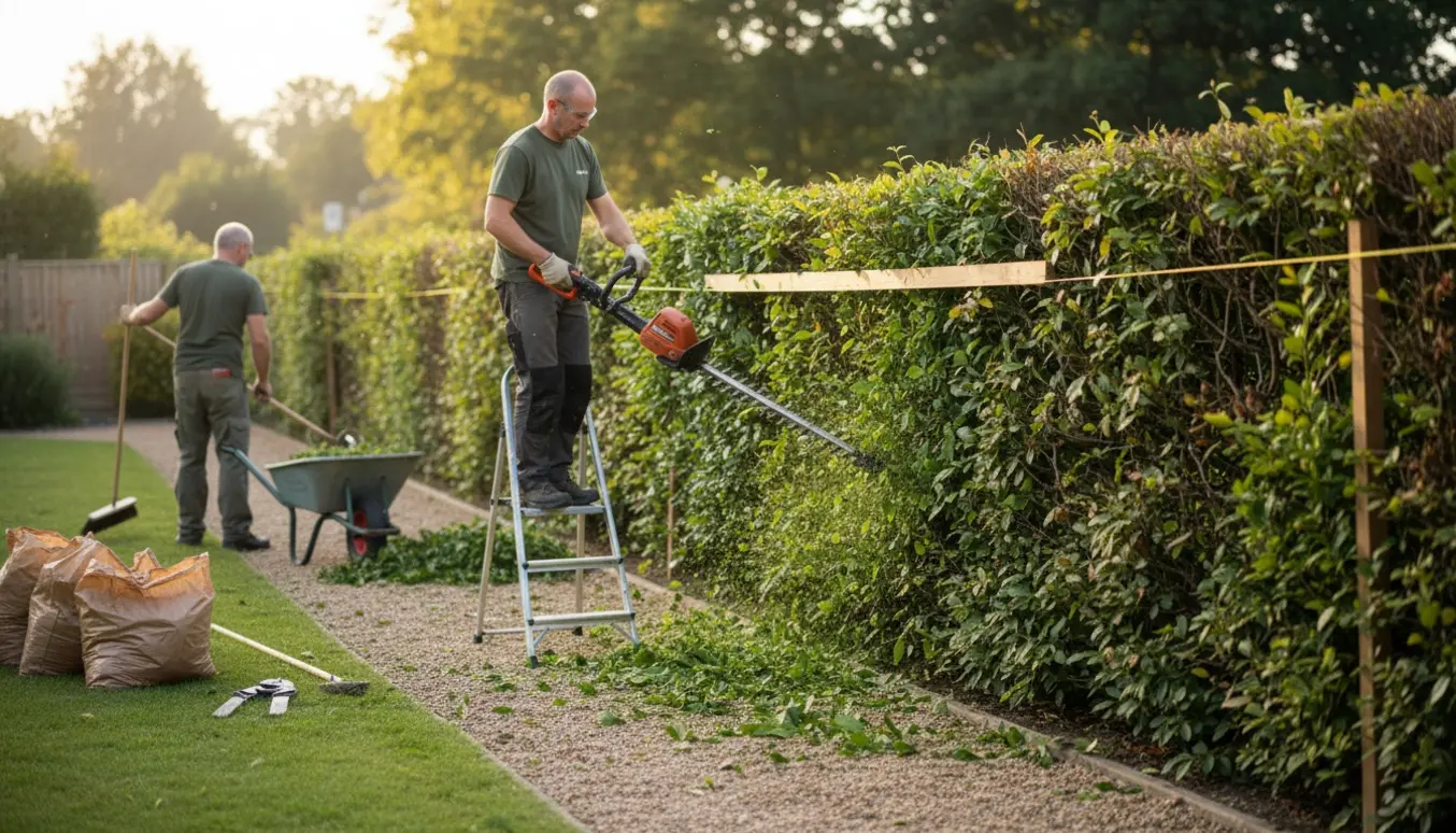 To personer klipper og samler afklip fra en lang ligusterhæk ved hjælp af en motorklipper og trillebør.