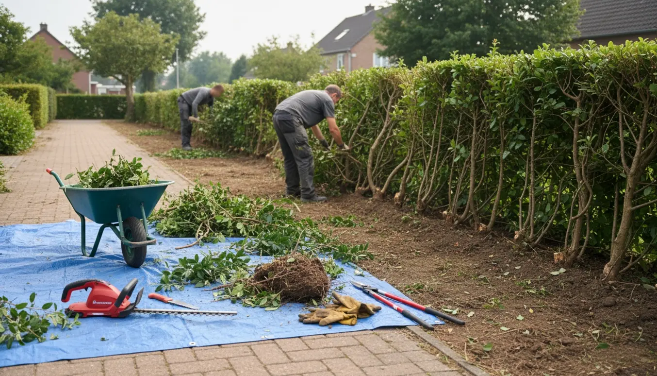 Lang, lav havehæk under fjernelse med afklippede grene, trillebør og haveredskaber i forgrunden.