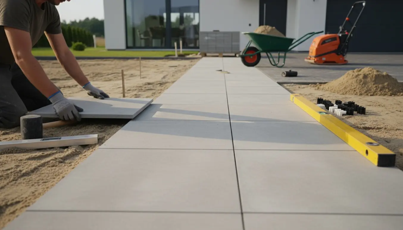 Håndværker placerer en 60x60 flise på sandpude ved et nybygget hus med bunker af sand og stakke af fliser i baggrunden.