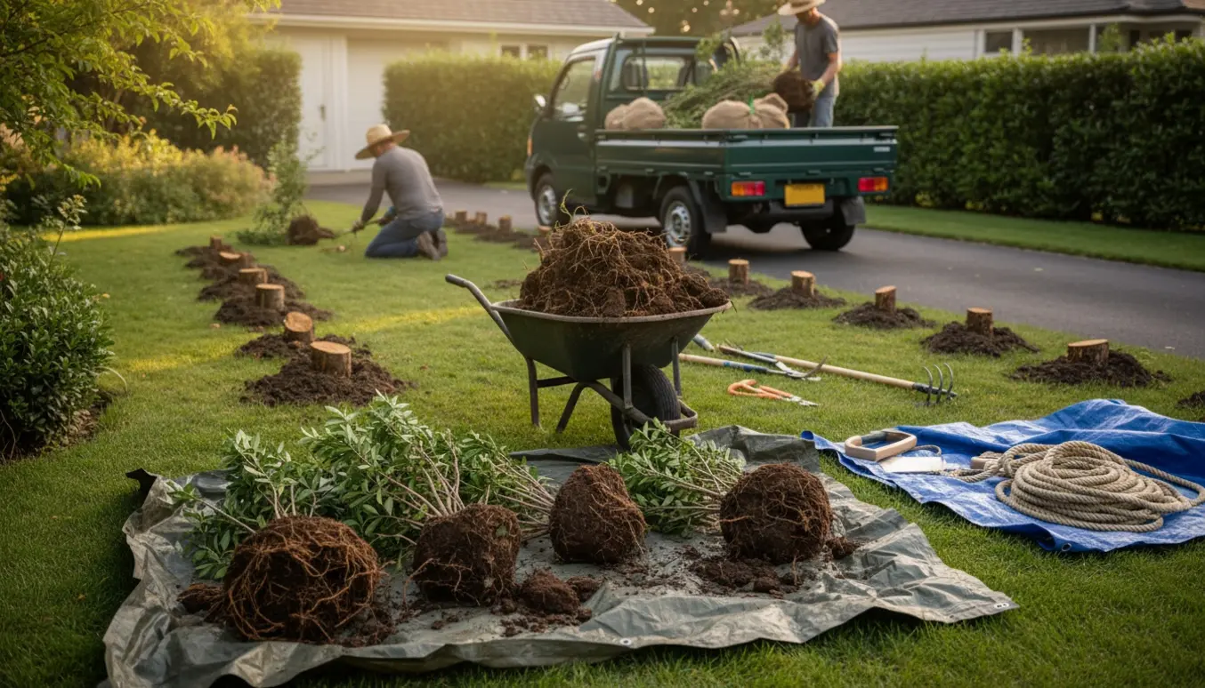 Opgravede hækkeplanter med rodklumper og haveredskaber i en have, klar til at blive kørt væk.