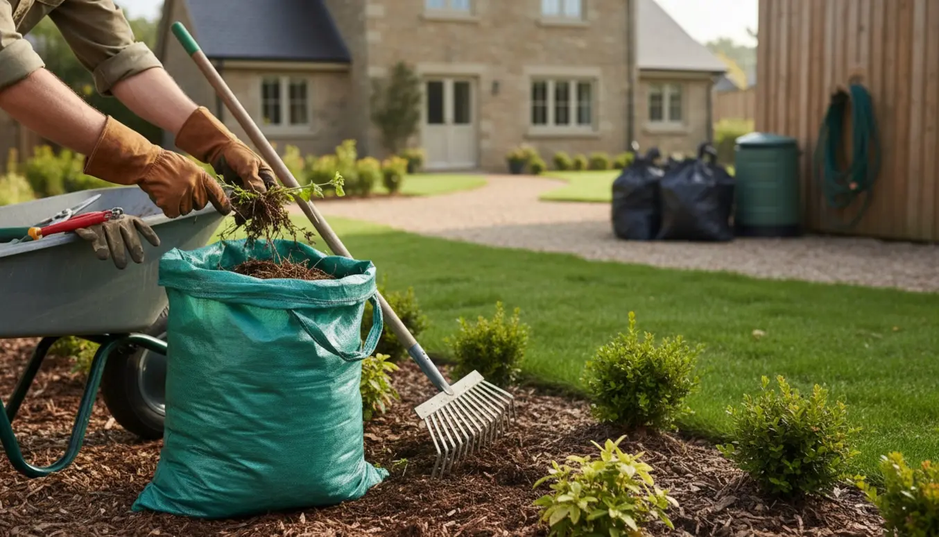 Rensning af bede omkring græsplæne med haveredskaber og fyldte affaldsposer.