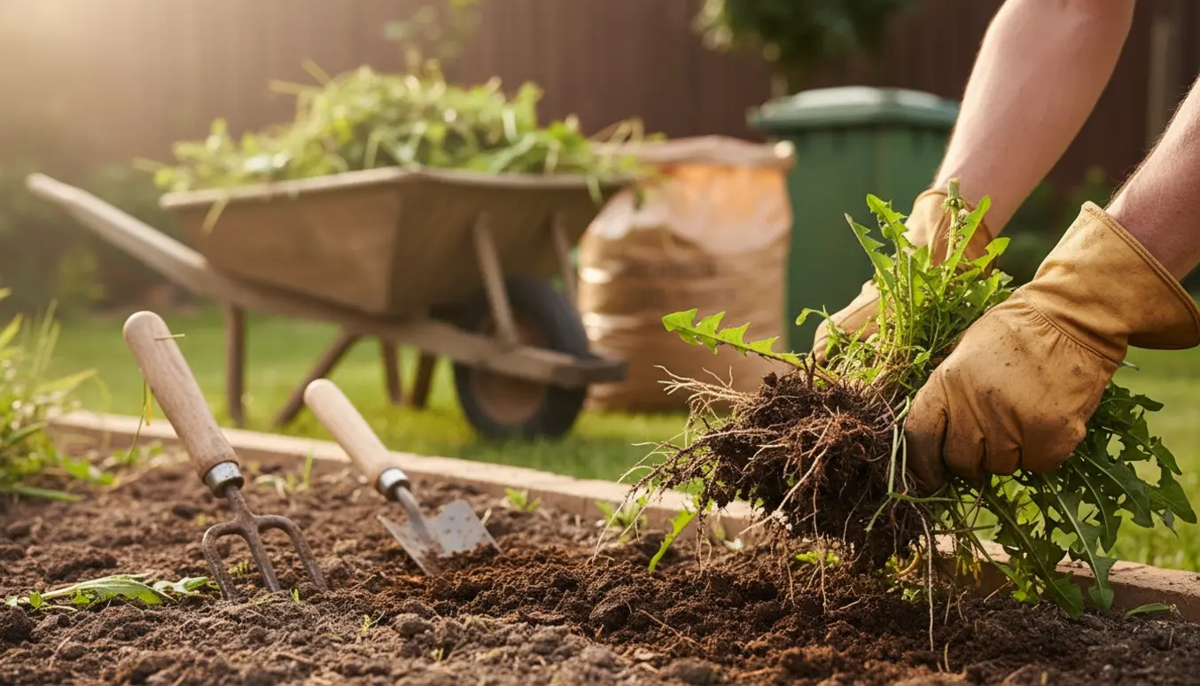 Hænder i havehandsker trækker ukrudt op fra muldet jord med trillebør og haveaffald i baggrunden.