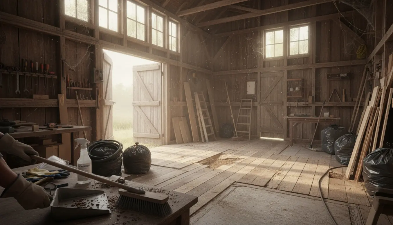 Gammelt skur med handske-klædte hænder, der fejer muselort og spindelvæv væk.