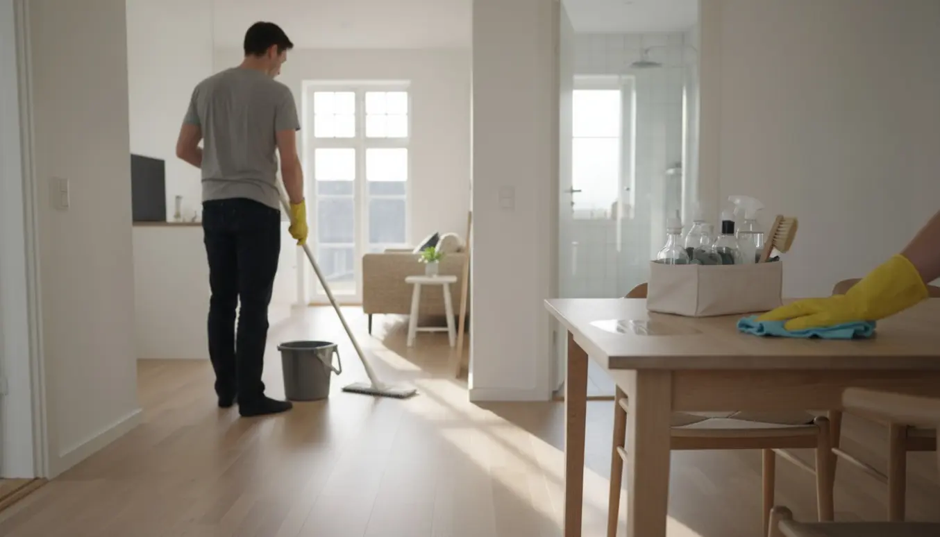 Rengøringshjælp støvsuger og mopper et lyst skandinavisk hjem med rengøringsredskaber og naturligt sollys.