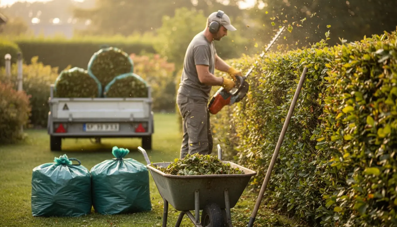 En havearbejder trimmer en tæt bøgehæk, mens afklip læsses i en trillebør og grønne affaldssække.