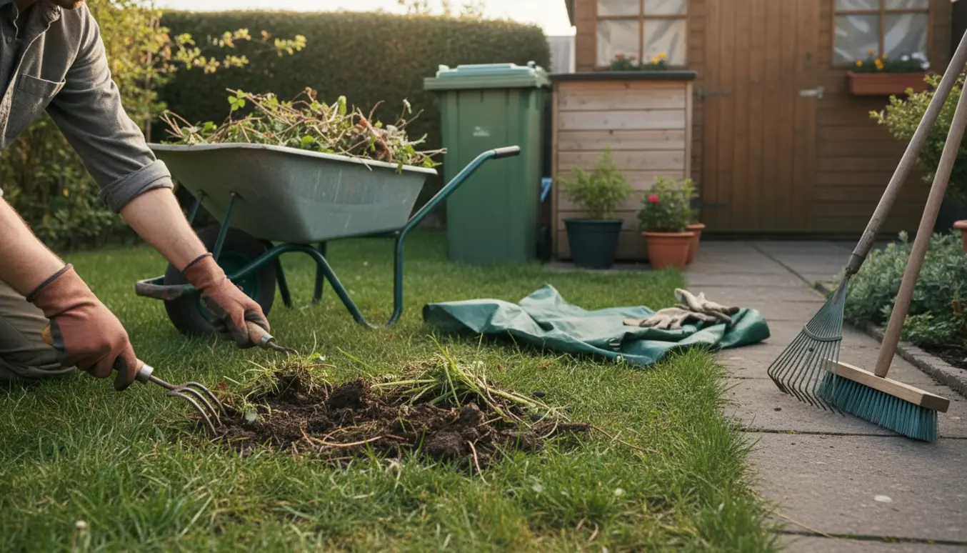 Person fjerner ukrudt og samler haveaffald i trillebør og på presenning foran en uændret hæk.