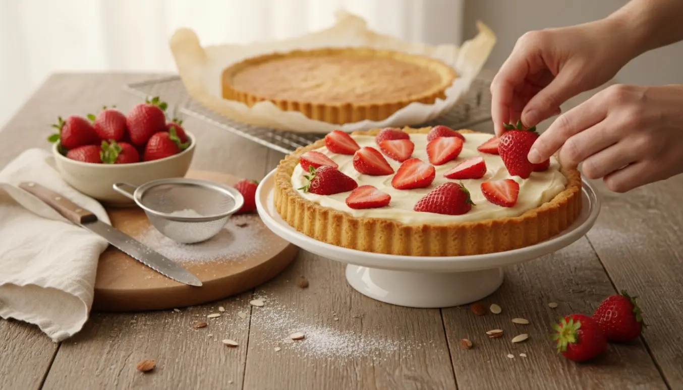 En mazarinjordbærkage på et kagefad, hænder pynter kagen med friske jordbær.